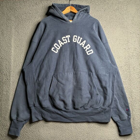 Vintage Champion Sweatshirt Mens 2XL Coast Guard Hoodie Navy